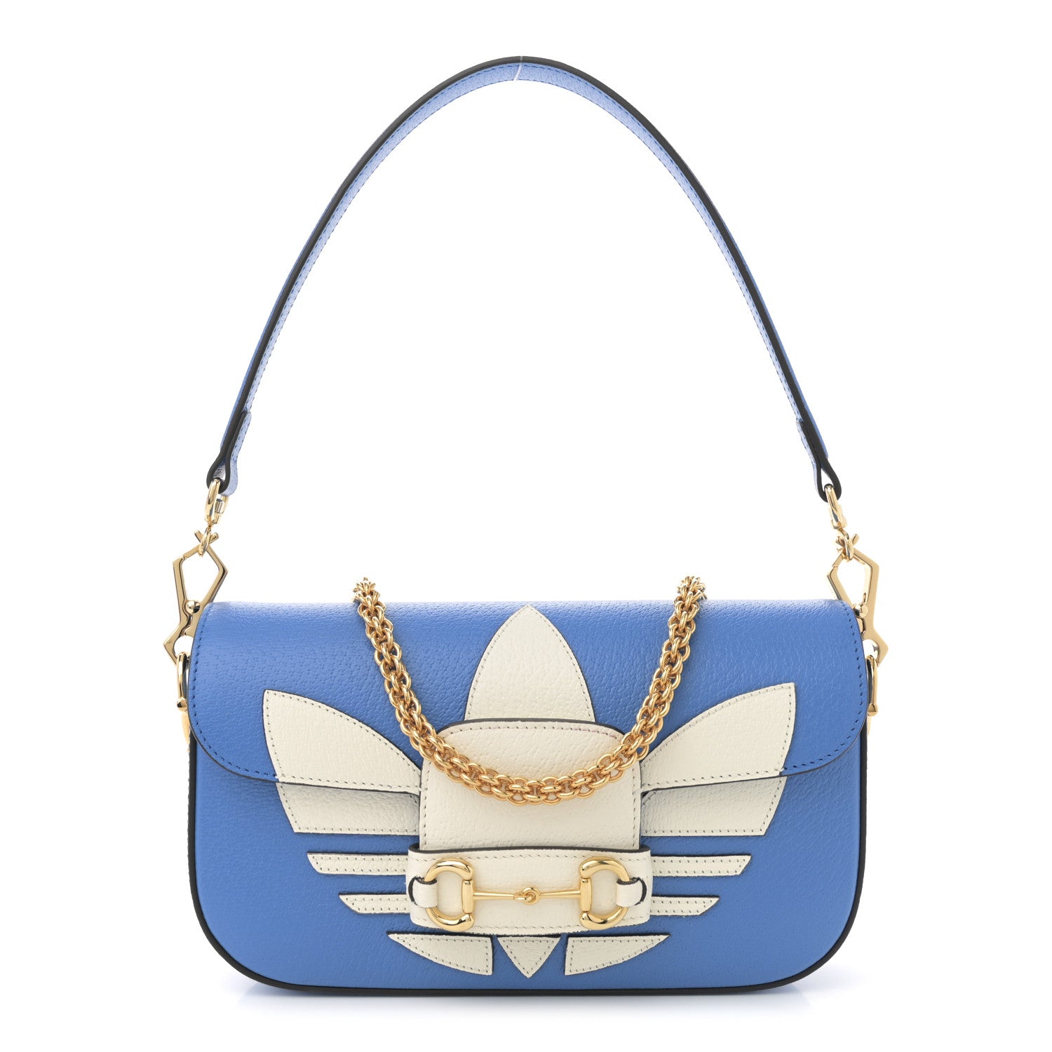 Gucci X ADIDAS Textured Dollar Calfskin Web Small Trefoil Horsebit 1955 Shoulder Bag Blue Off White 1 of 10