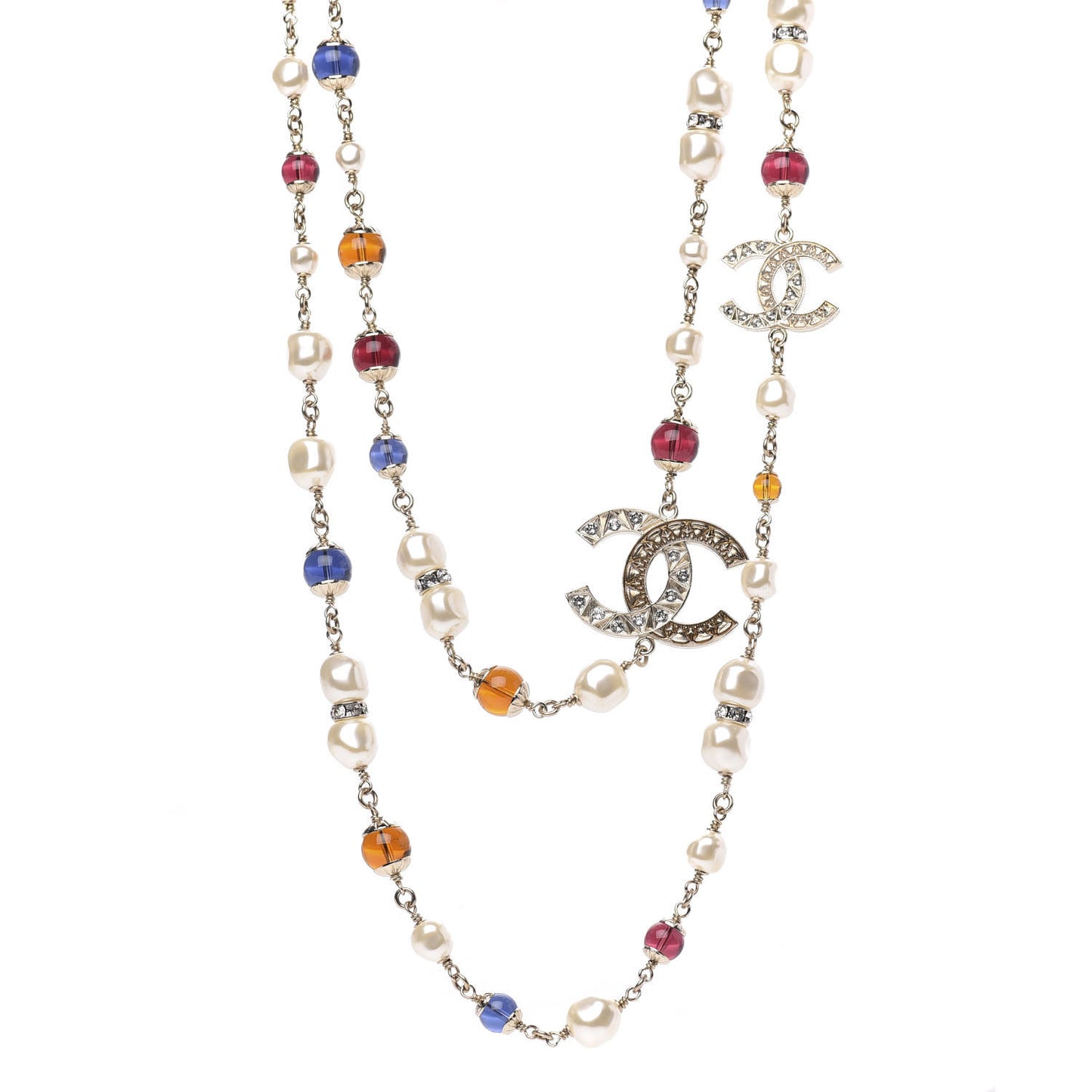 Pearl Beaded Crystal CC Long Necklace Gold Multi