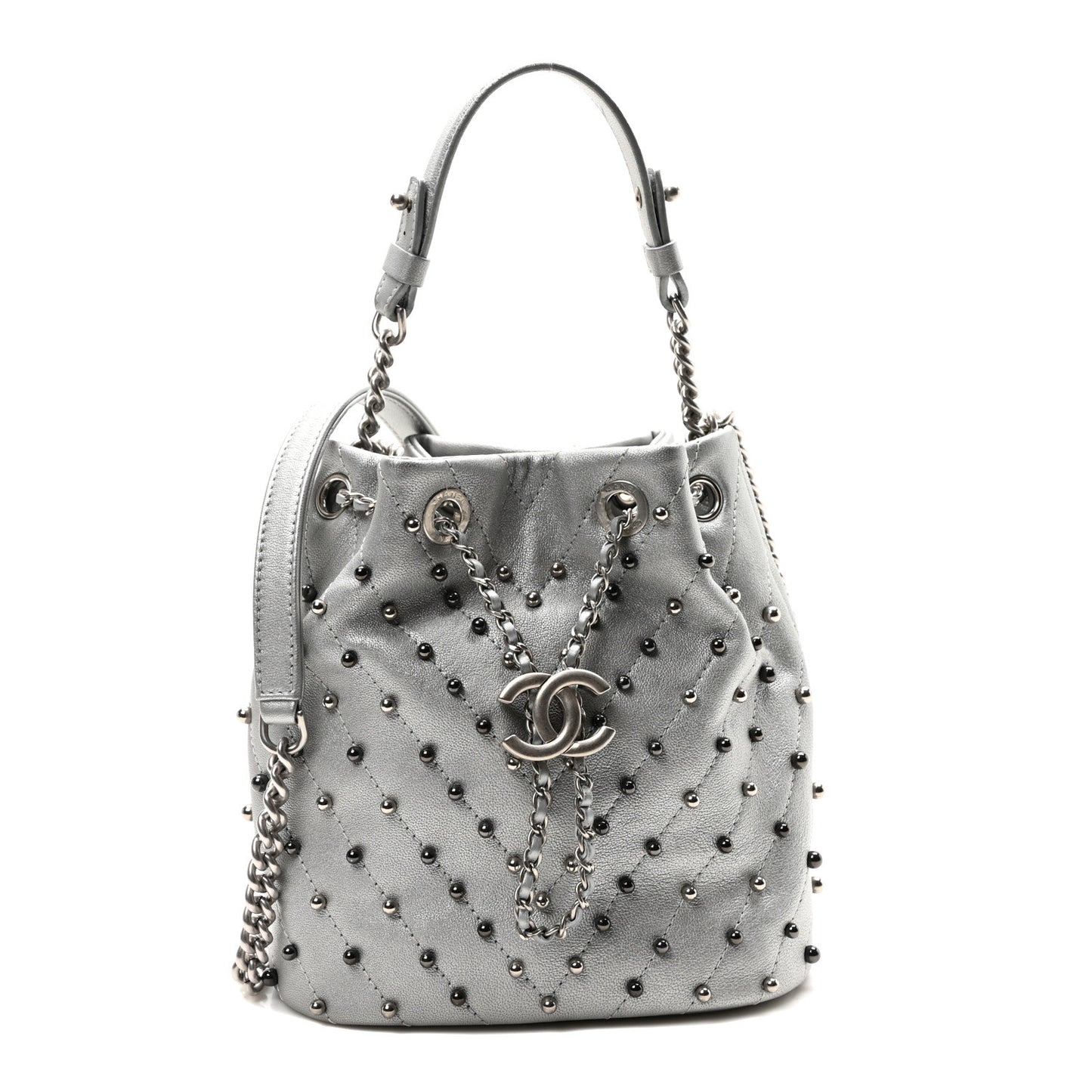 Metallic Lambskin Studded Chevron Quilted Small Stud Wars Drawstring Bag Silver