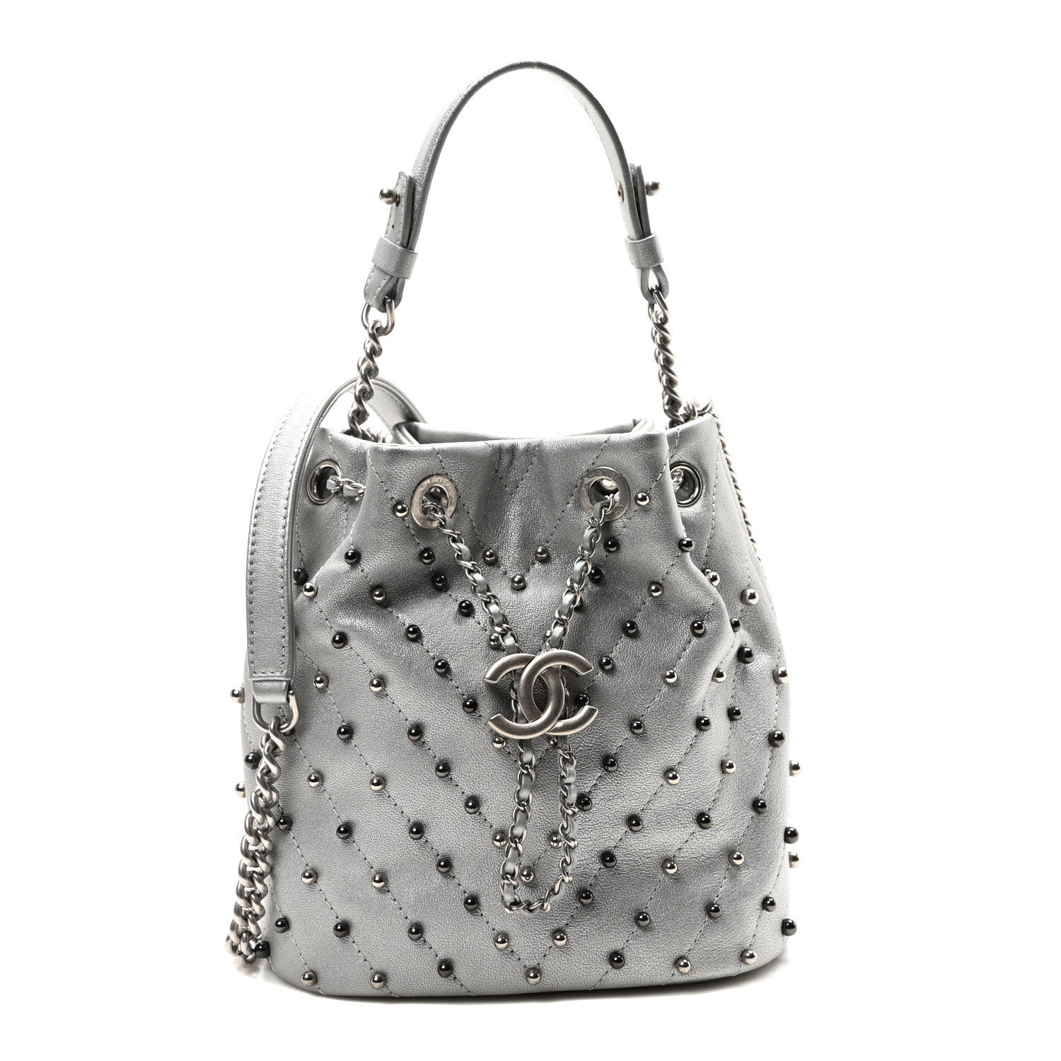 Chanel Metallic Lambskin Studded Chevron Quilted Small Stud Wars Drawstring Bag Silver 1 of 10