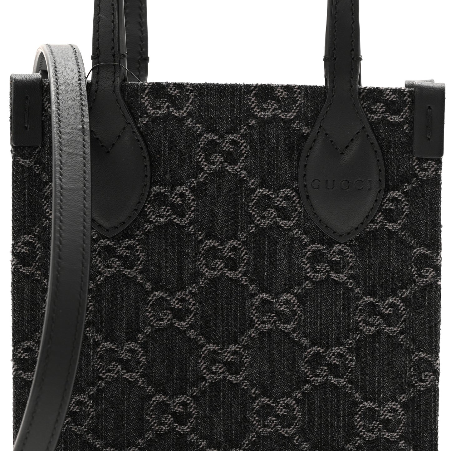 Denim Cuoio Harness GG Monogram Mini Ophidia Tote Bag Black Medium Grey