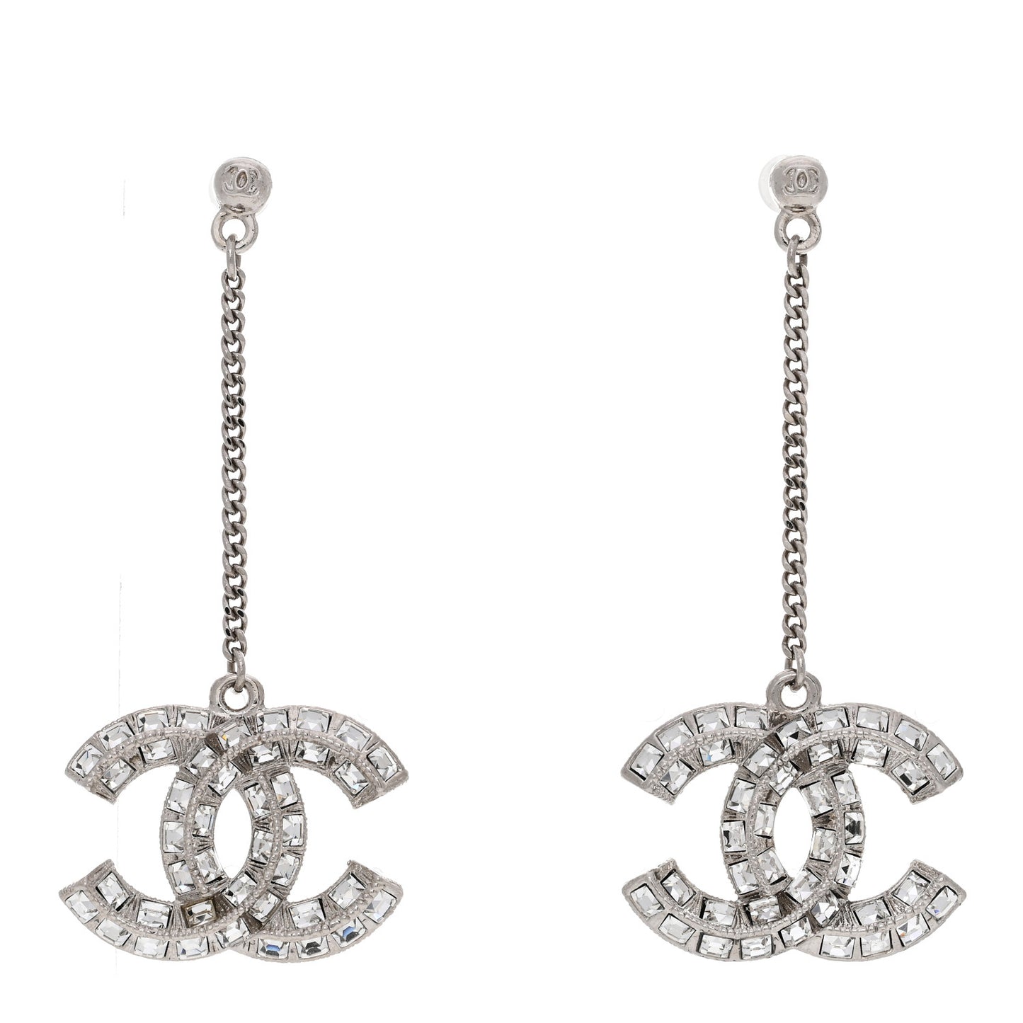 Baguette Crystal CC Drop Earrings Silver