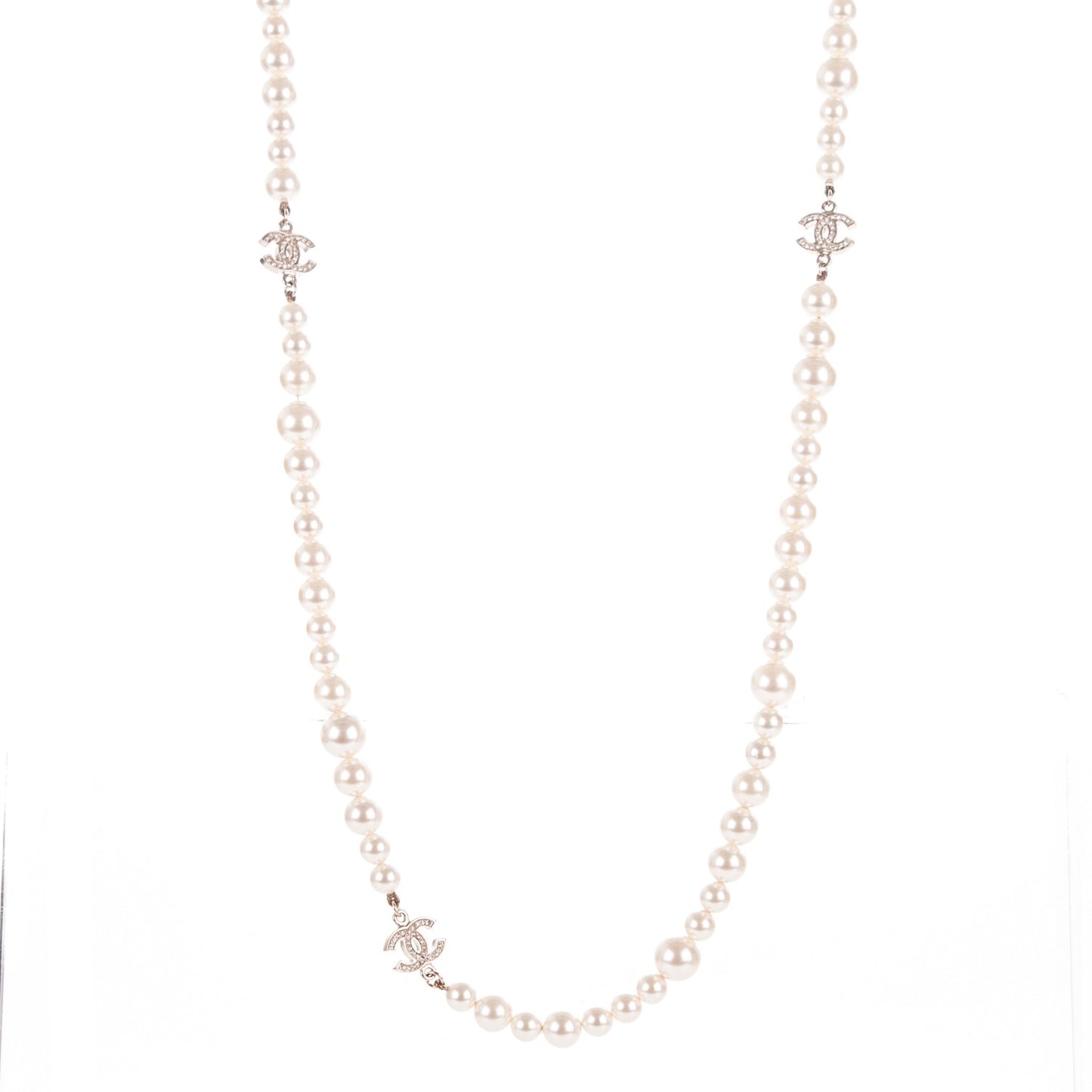 Graduated Pearl Crystal CC Long Necklace Gold