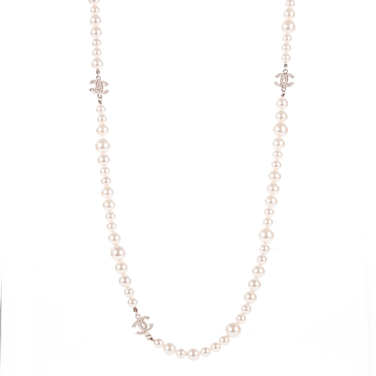 Chanel Graduated Pearl Crystal CC Long Necklace Gold 3 of 5