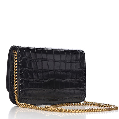 Balenciaga Crocodile Embossed Patent B Wallet On Chain Black 3 of 11