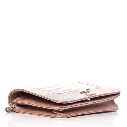 Chanel Metallic Caviar Chevron Quilted Vintage Mademoiselle Wallet On Chain WOC Pink 4 of 9
