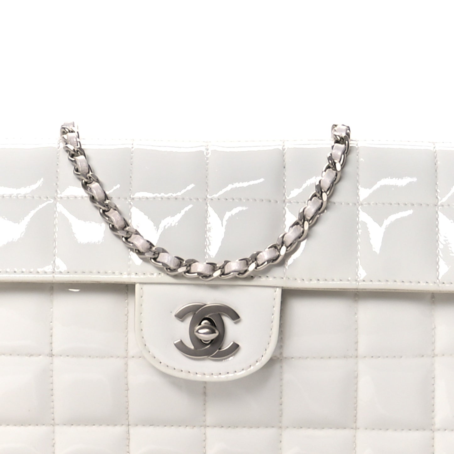 Patent Quilted East West Chocolate Bar Flap White