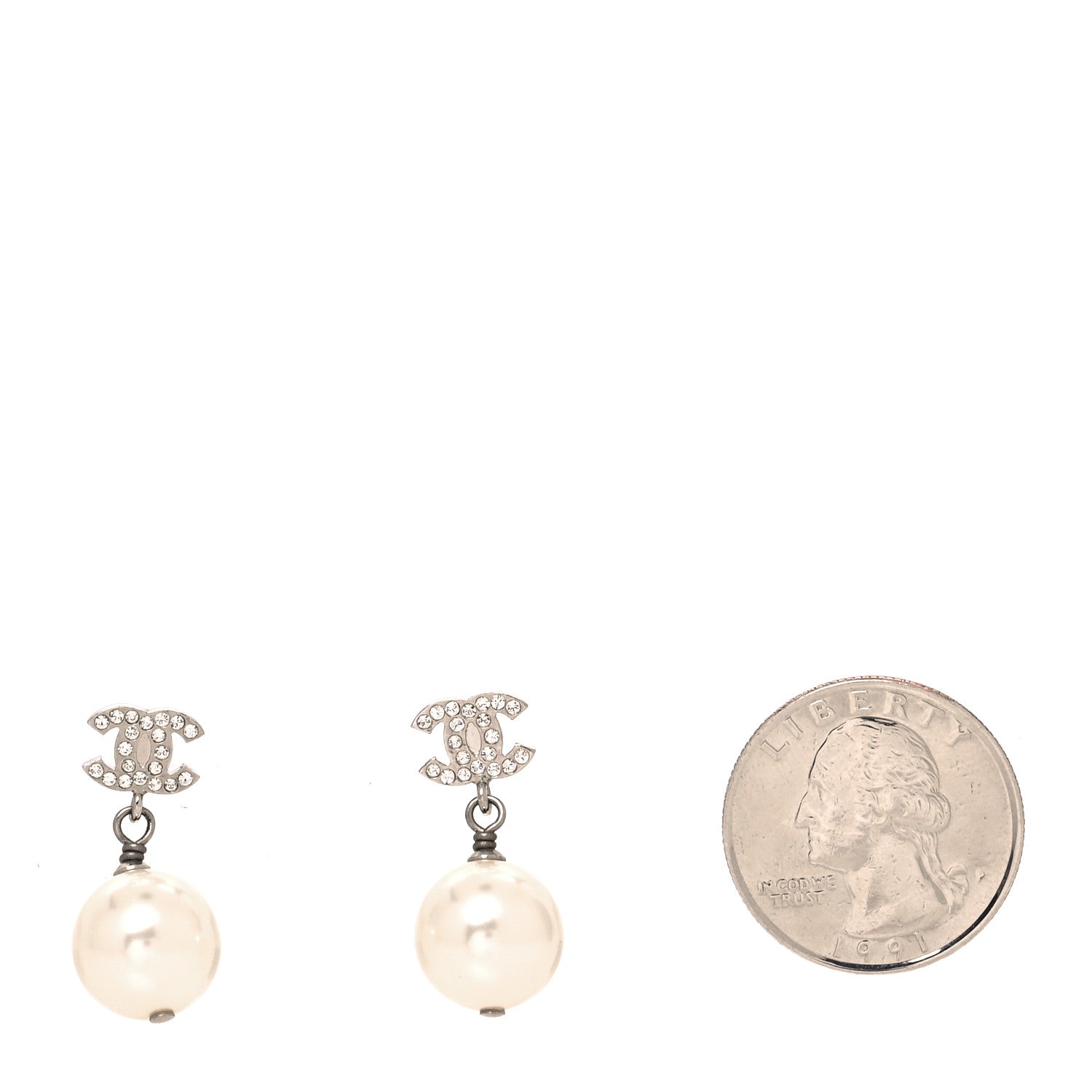 Chanel Crystal Pearl CC Drop Earrings Silver Pearly White 2 of 4