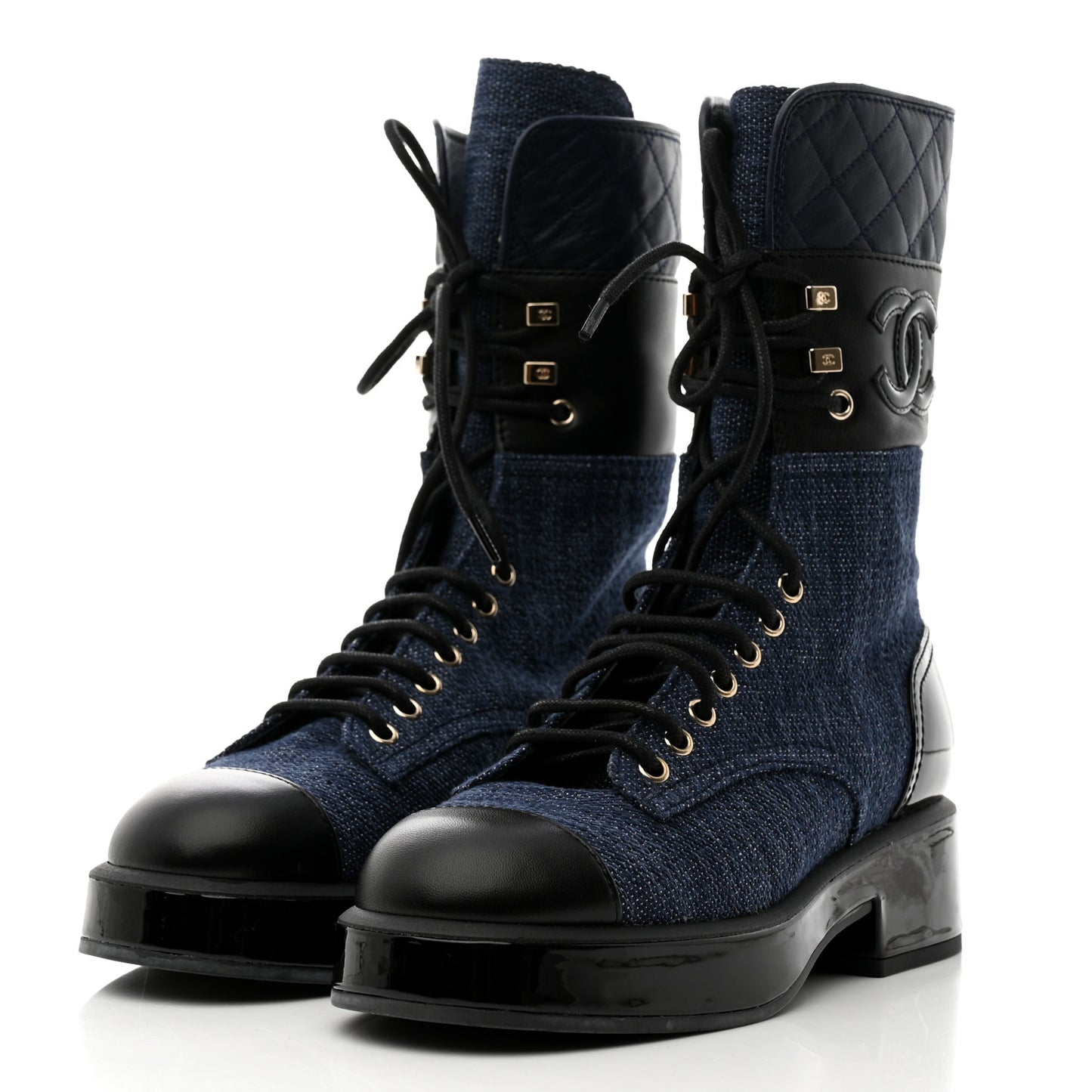 Denim Patent Lambskin Quilted CC Lace Up Combat Boots 36 Navy Blue Black