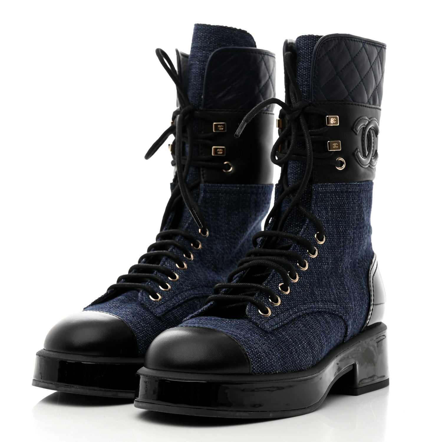 Chanel Denim Patent Lambskin Quilted CC Lace Up Combat Boots 36 Navy Blue Black 3 of 9