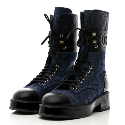 Chanel Denim Patent Lambskin Quilted CC Lace Up Combat Boots 36 Navy Blue Black 3 of 9