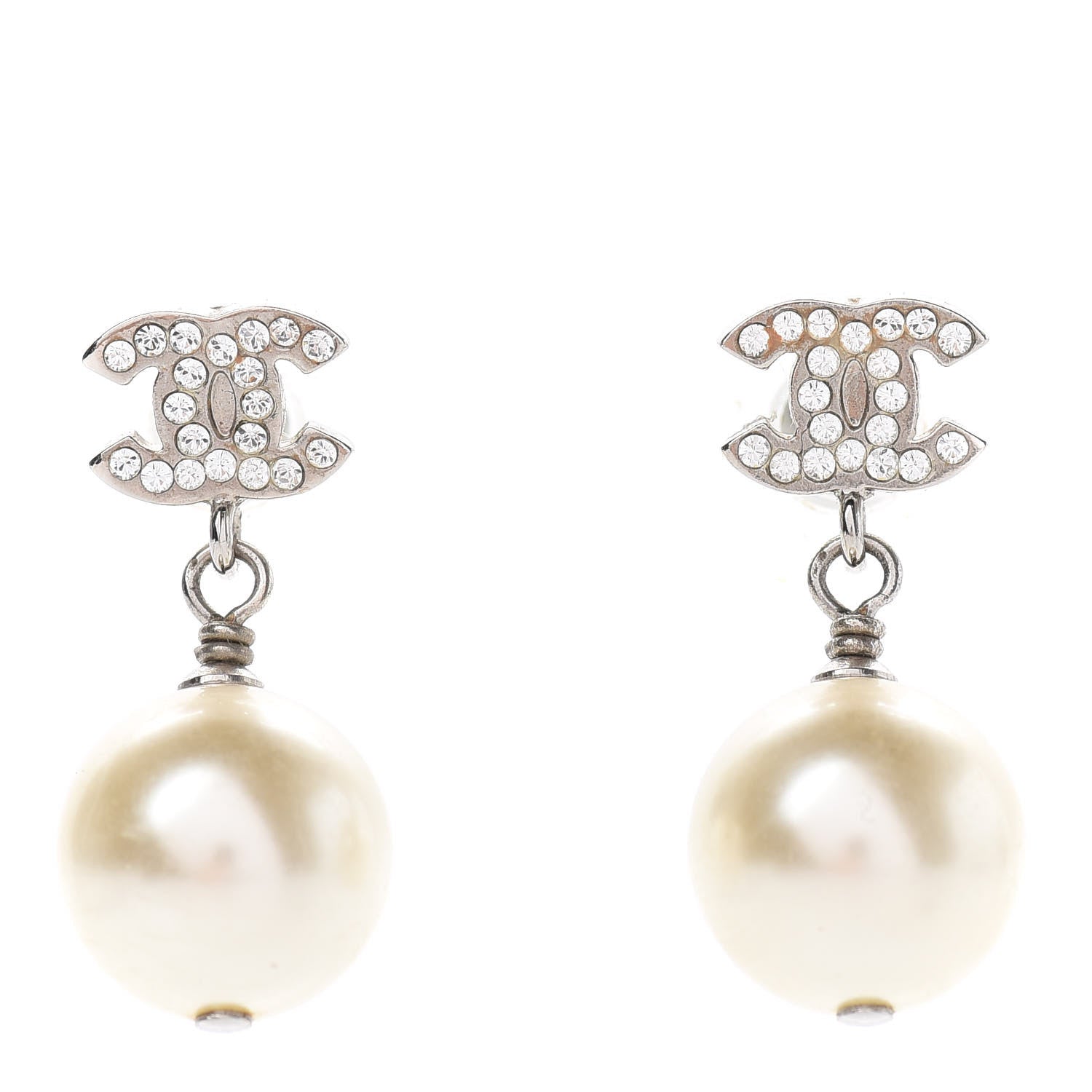 Chanel Crystal Pearl CC Drop Earrings Silver Pearly White 1 of 4