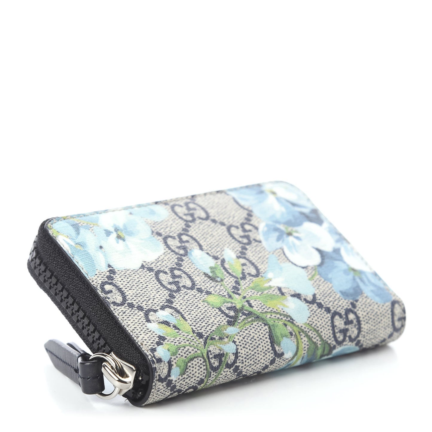 GG Supreme Monogram Blooms Zip Around Card Case Wallet Beige Blue Navy
