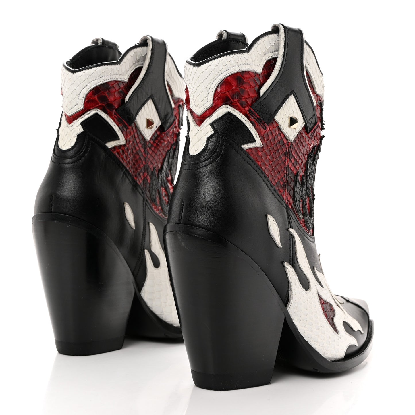Calfskin Snakeskin Flames Western Cowboy Ankle Boots 37 Red White Black