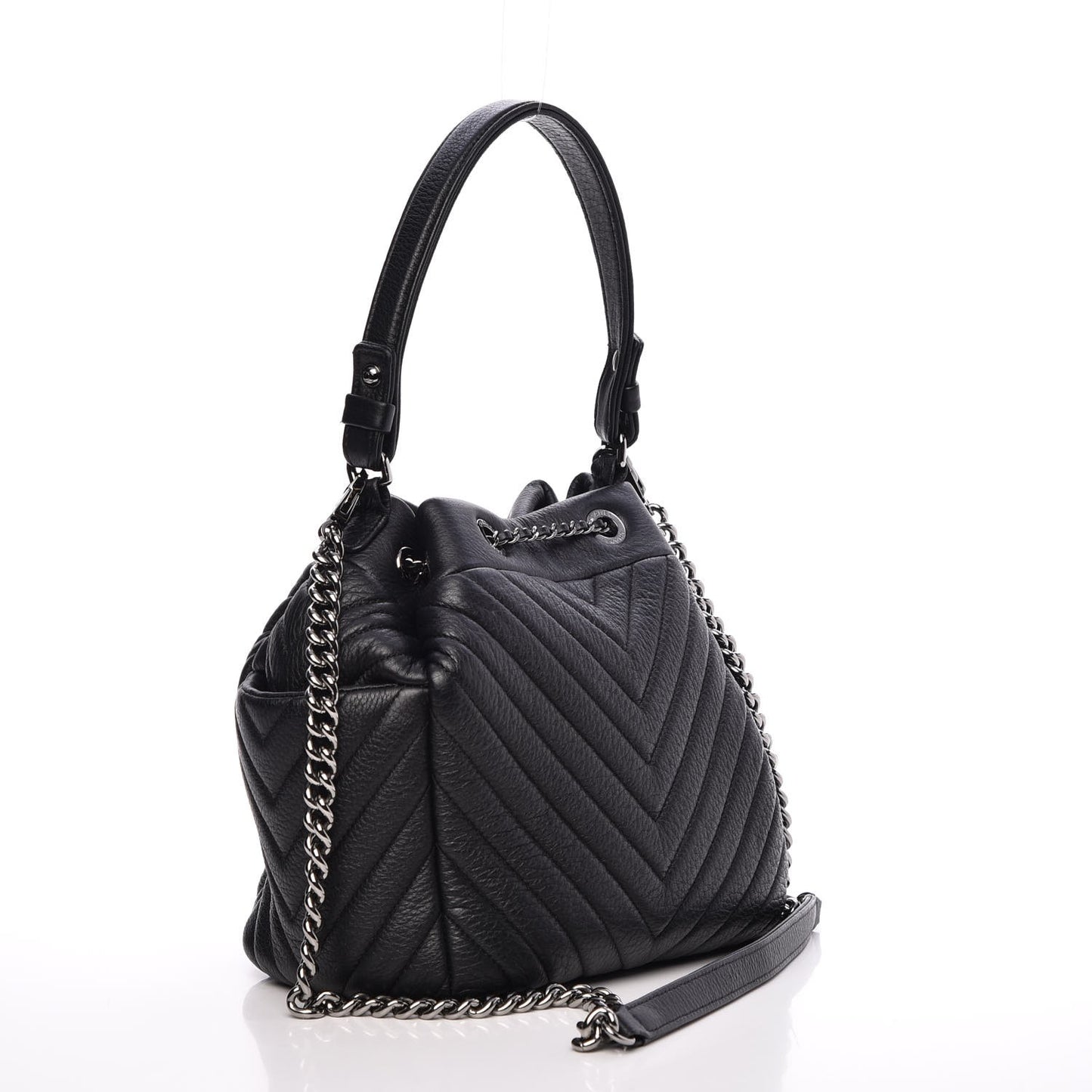 Deerskin Chevron Small CC Chain Bucket Bag Black