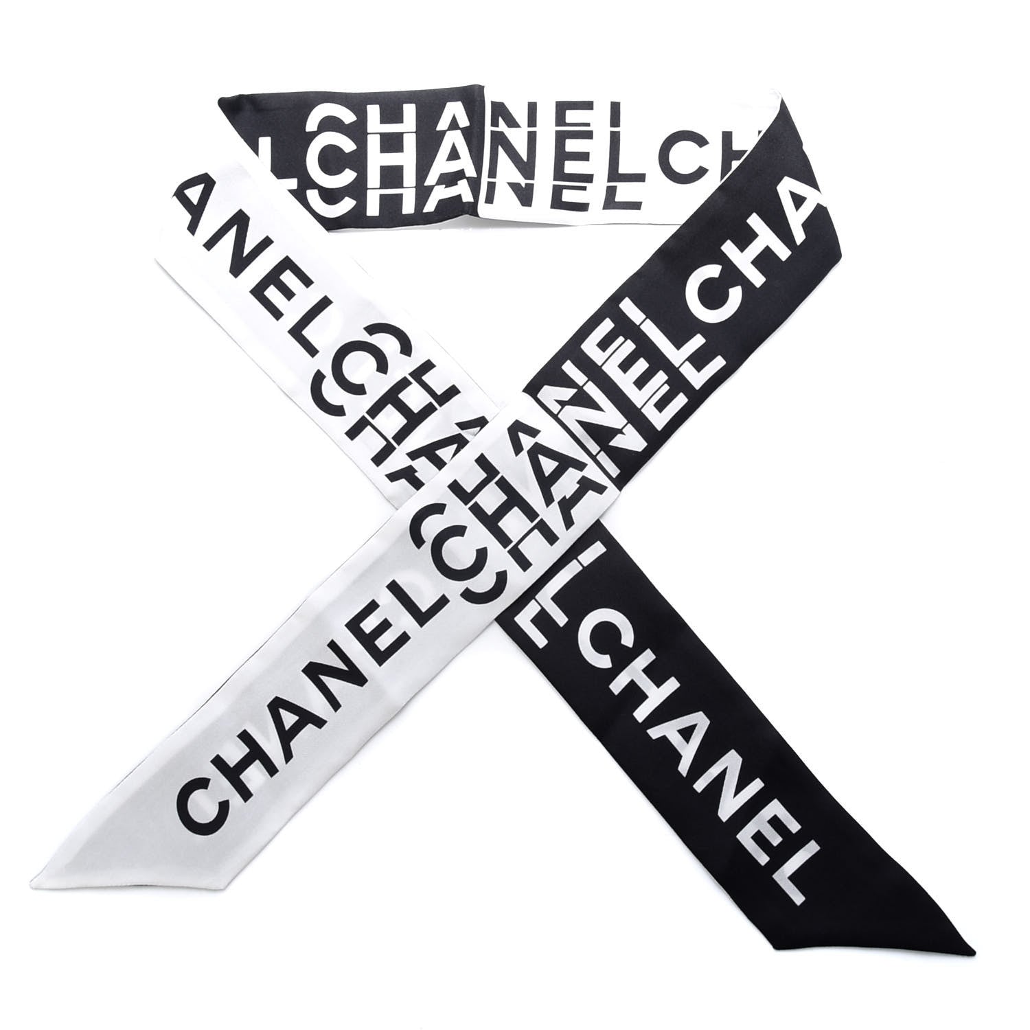Chanel Silk Logo Slim Bandeau Scarf Black White 1 of 3