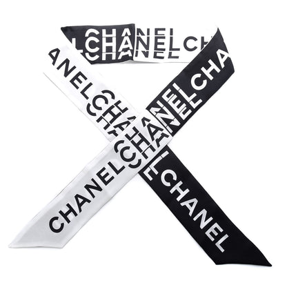 Chanel Silk Logo Slim Bandeau Scarf Black White 1 of 3