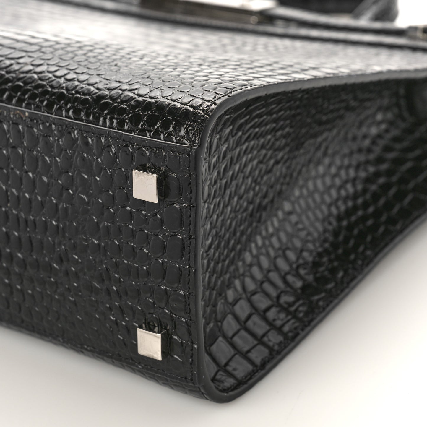 Shiny Calfskin Crocodile Embossed Small Manhattan Shopper Tote Black