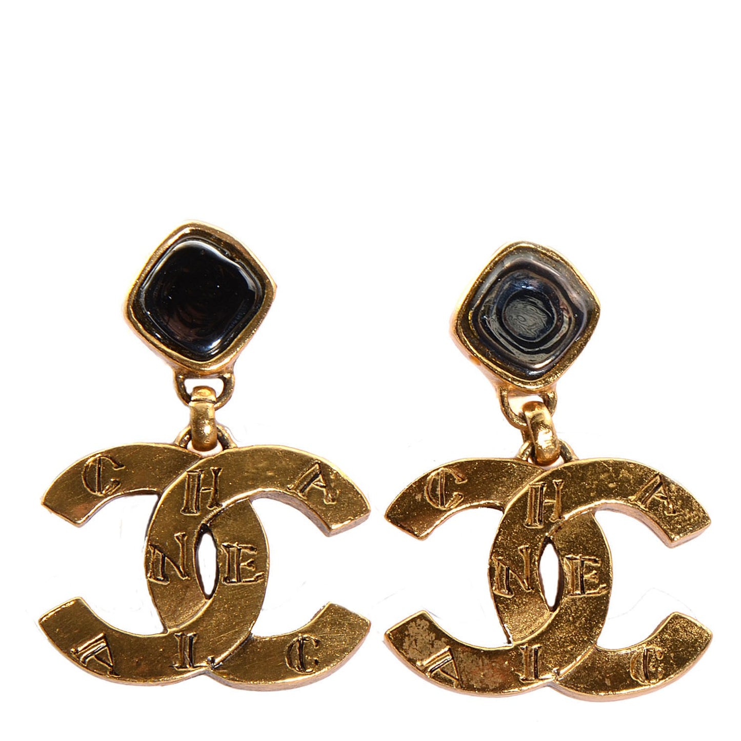 Black Stone CC Dangle Earrings Gold