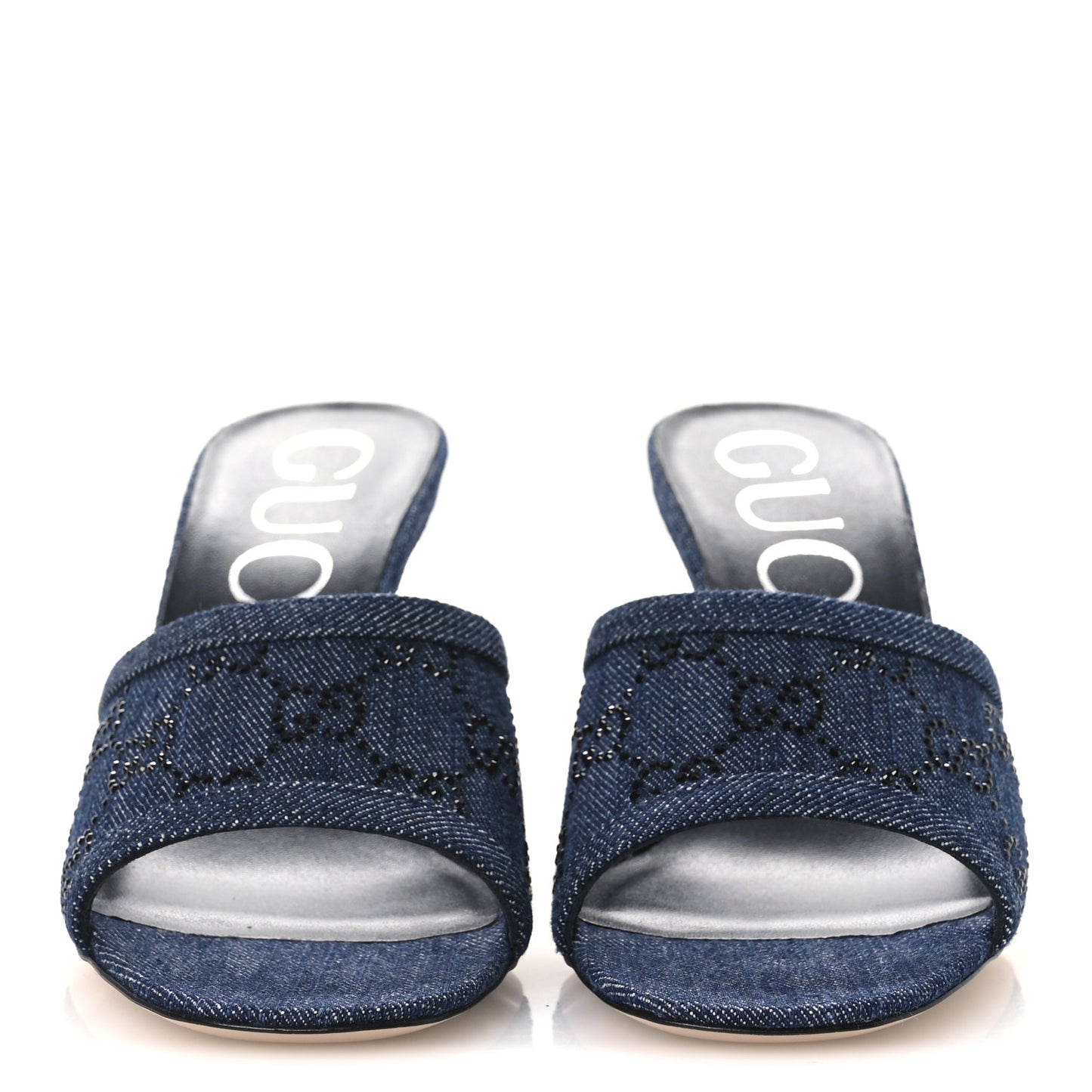 Denim Crystal GG Monogram Mules 36.5 Blue