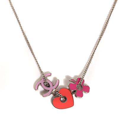 Chanel Enamel Heart Clover CC Charm Necklace Silver 1 of 3