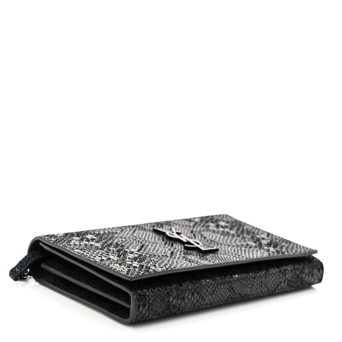 Calfskin Snakeskin Effect Monogram Chain Wallet Black