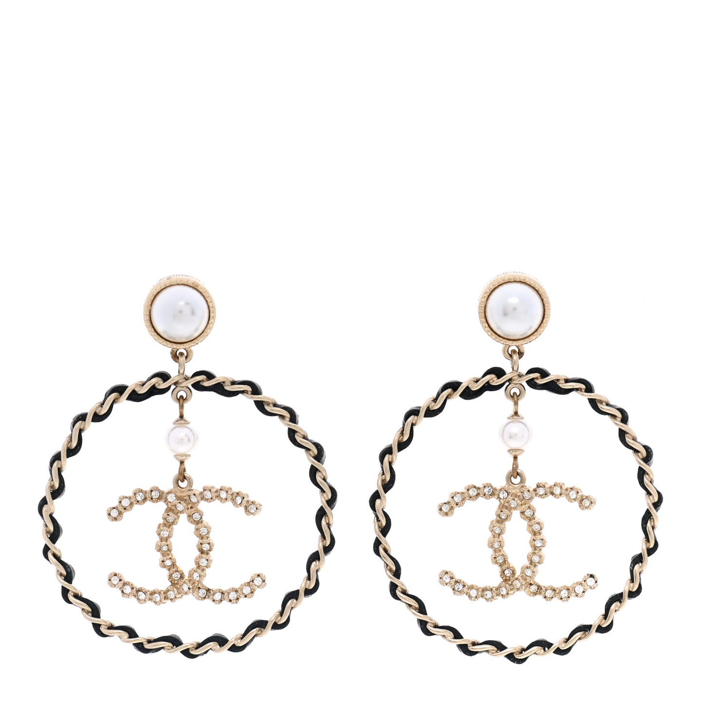 Lambskin Crystal Pearl CC Drop Earrings Gold Black