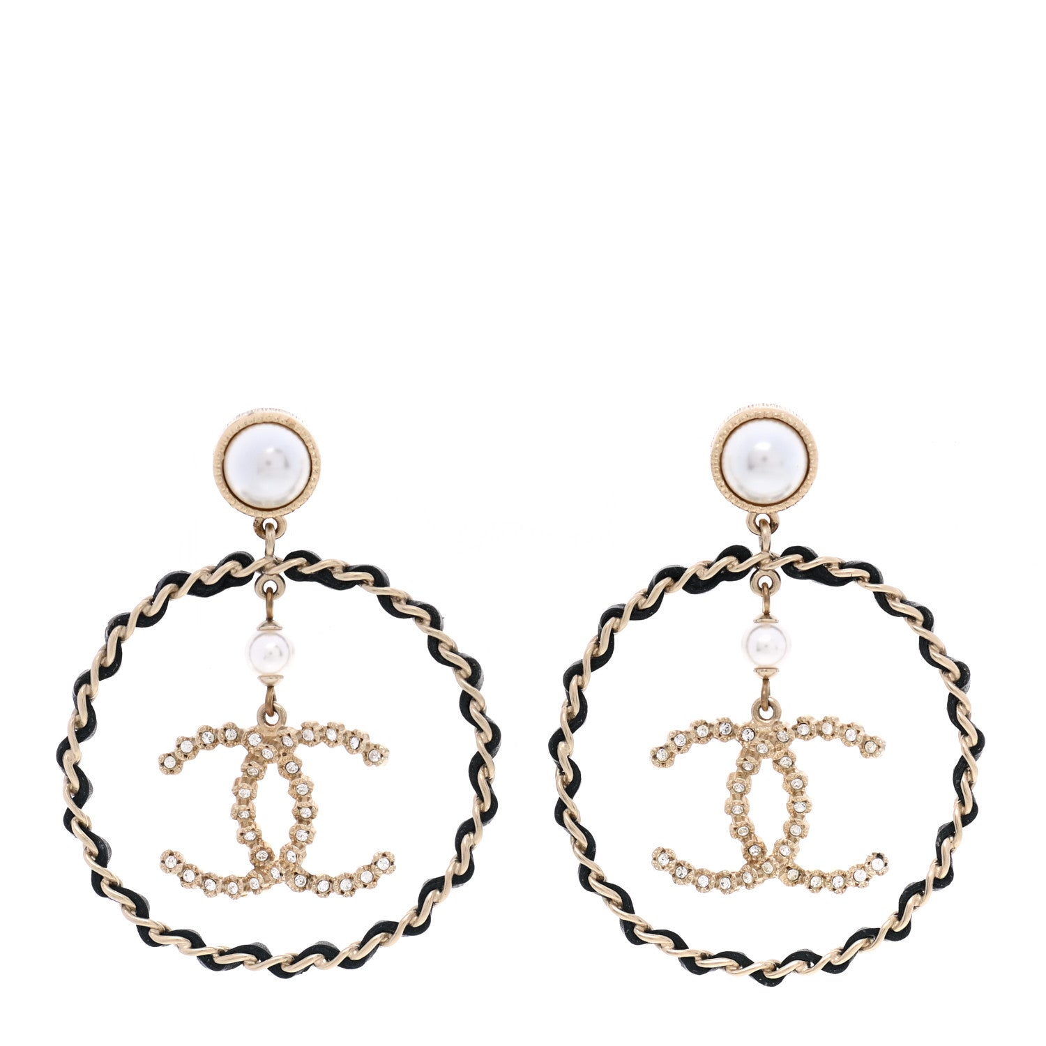Chanel Lambskin Crystal Pearl CC Drop Earrings Gold Black 1 of 5