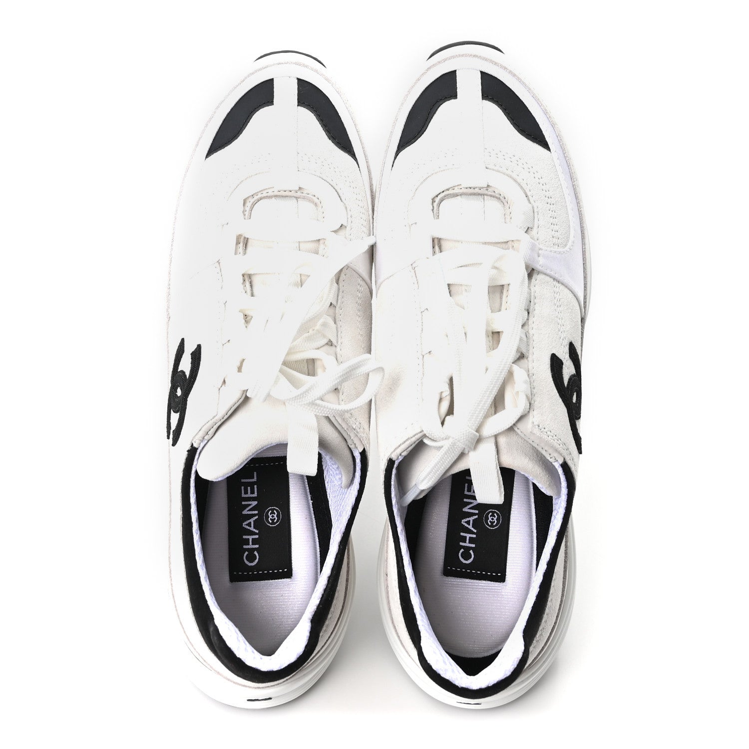 Chanel Suede Calfskin Grosgrain Womens CC Sneakers 39.5 White Black 2 of 9