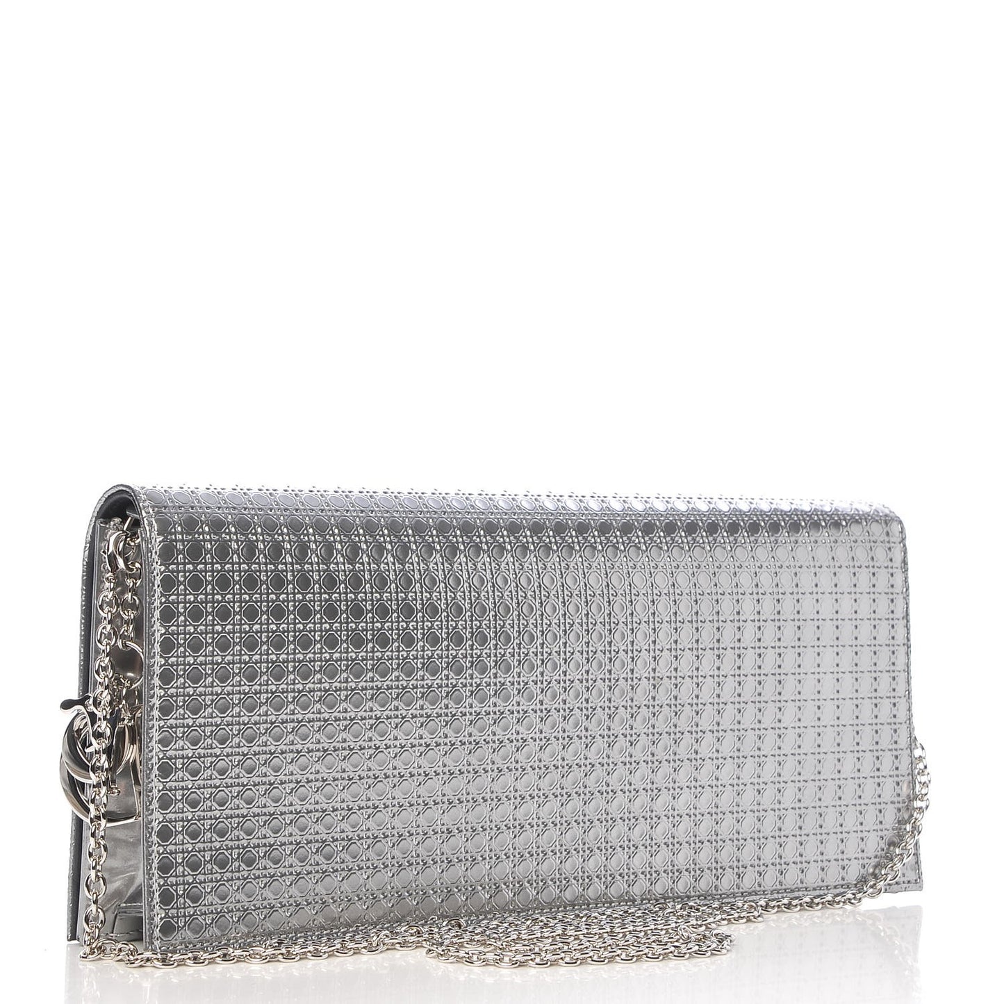 Metallic Patent Micro-Cannage Lady Dior Croisiere Chain Clutch Silver
