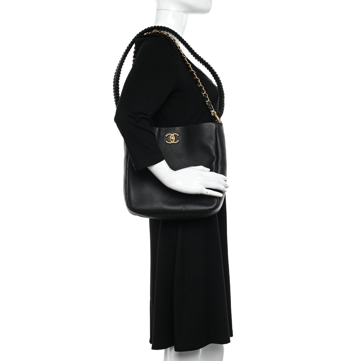 Calfskin Quilted Framing Chain Hobo Black