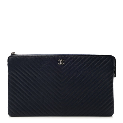 Chanel Caviar Chevron Quilted Small Zipped Pouch Navy 1 of 8