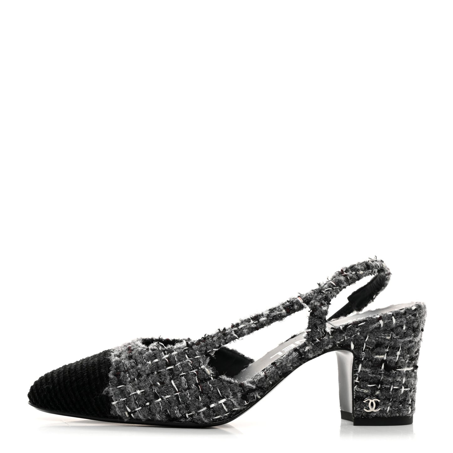Tweed Corduroy Cap Toe Slingback Pumps 37 Grey Black