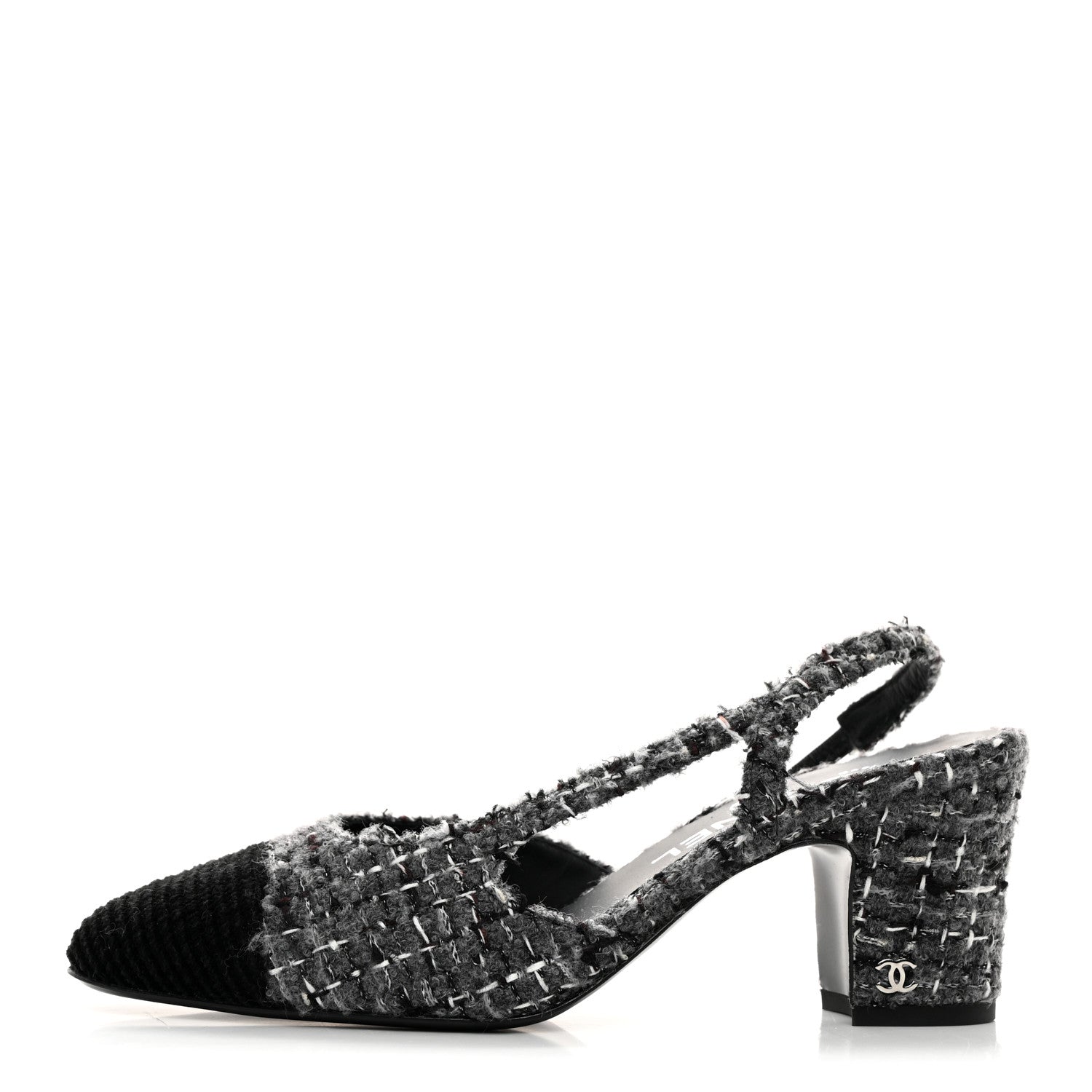 Chanel Tweed Corduroy Cap Toe Slingback Pumps 37 Grey Black 1 of 9
