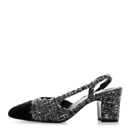 Chanel Tweed Corduroy Cap Toe Slingback Pumps 37 Grey Black 1 of 9