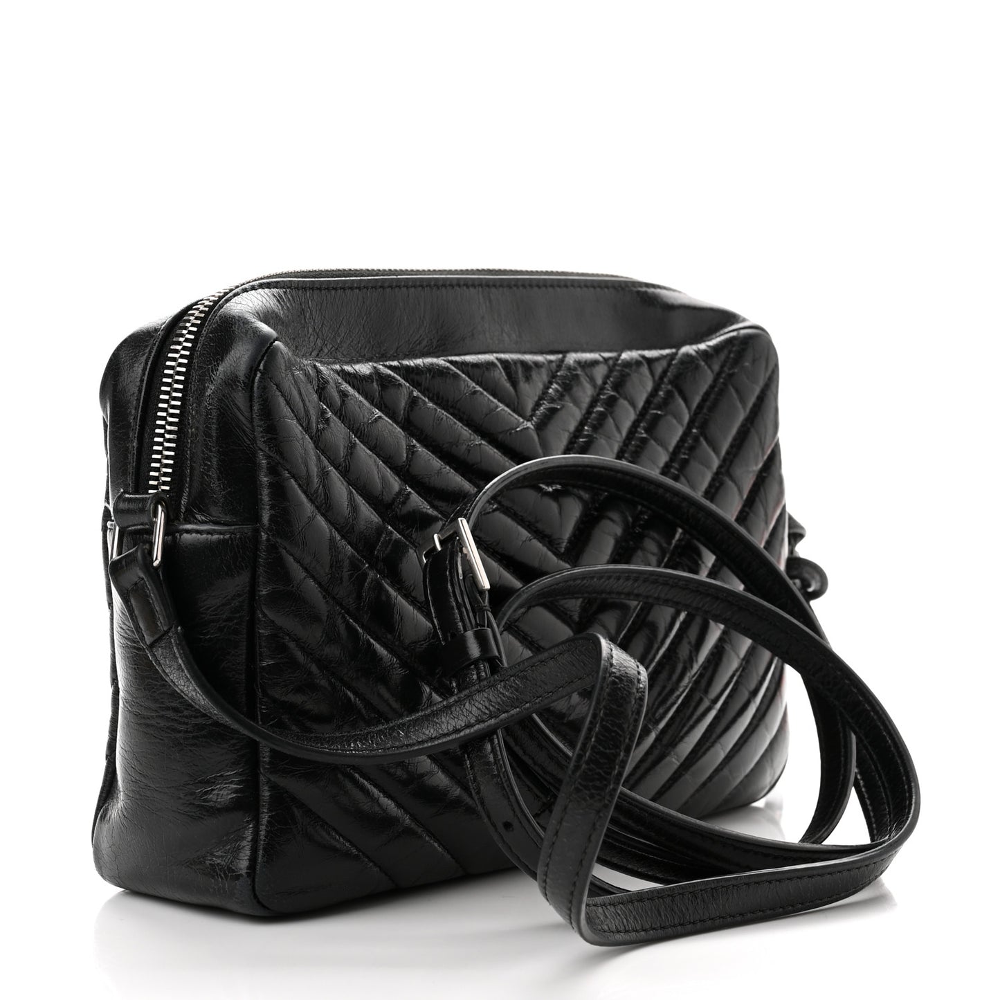 Cracked Shiny Calfskin Matelasse Monogram Lou Camera Bag Black