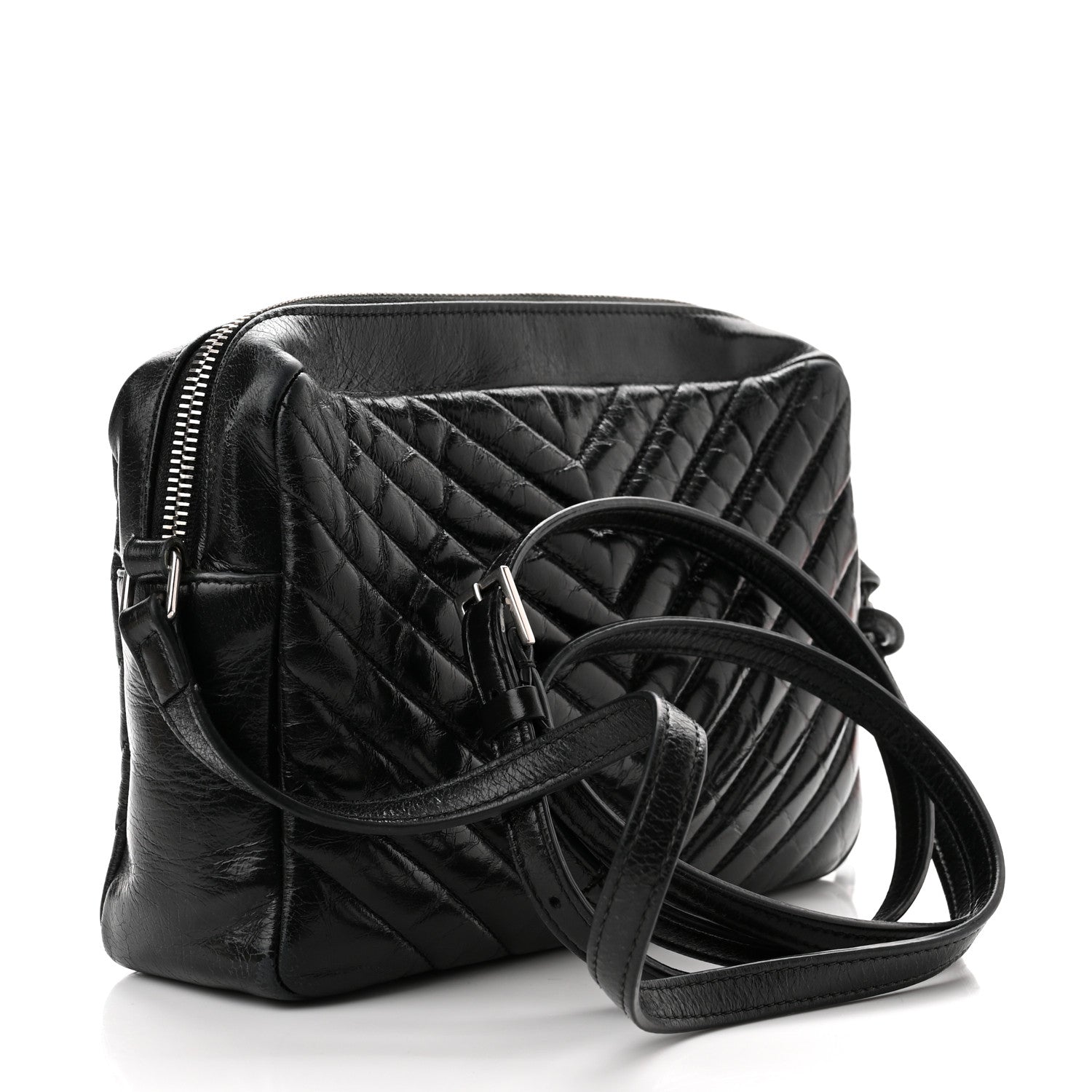 Saint Laurent Cracked Shiny Calfskin Matelasse Monogram Lou Camera Bag Black 3 of 12