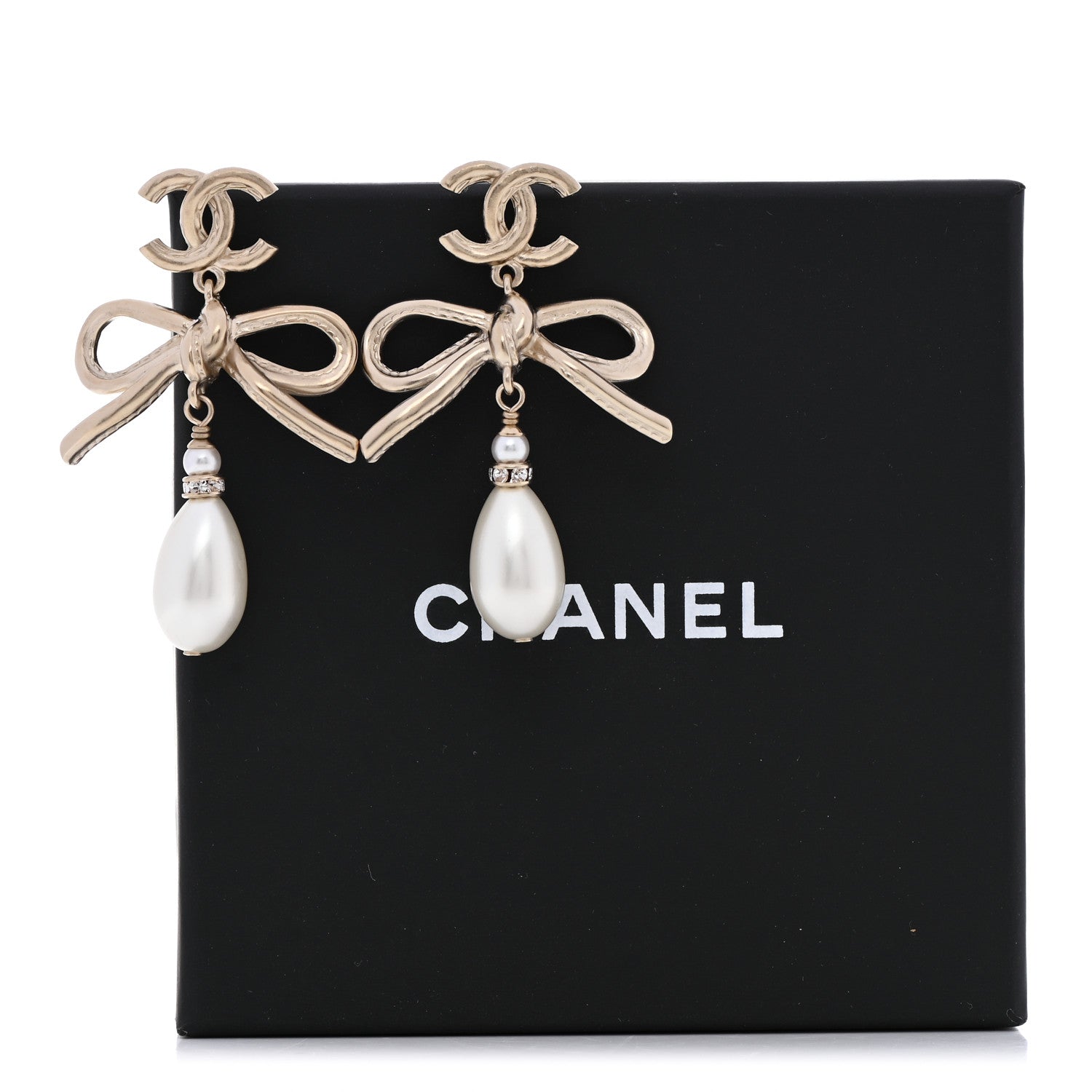 Chanel Pearl Bow CC Drop Earrings Gold 5 of 5