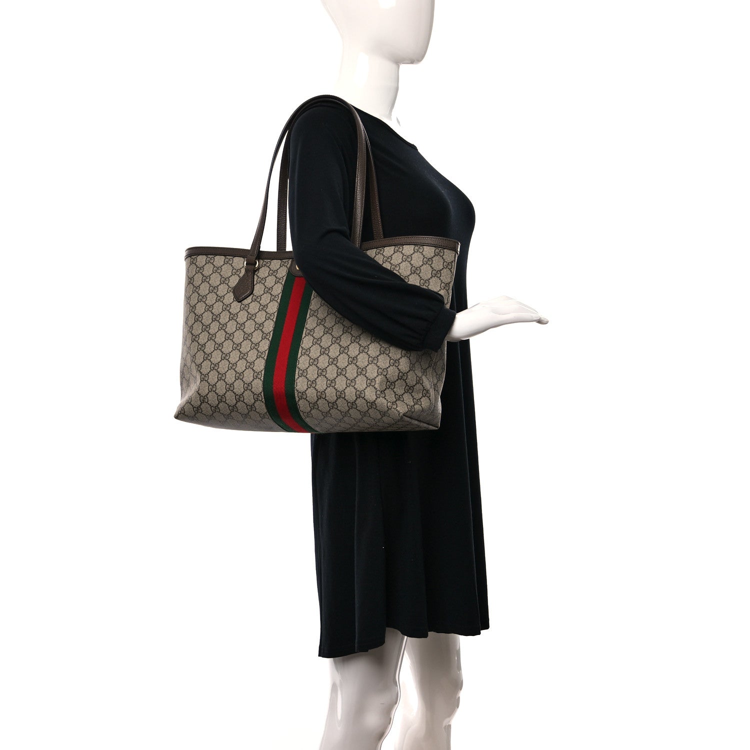 Gucci GG Supreme Monogram Textured Calfskin Web Medium Ophidia Shopping Tote Beige Ebony New Acero 2 of 10