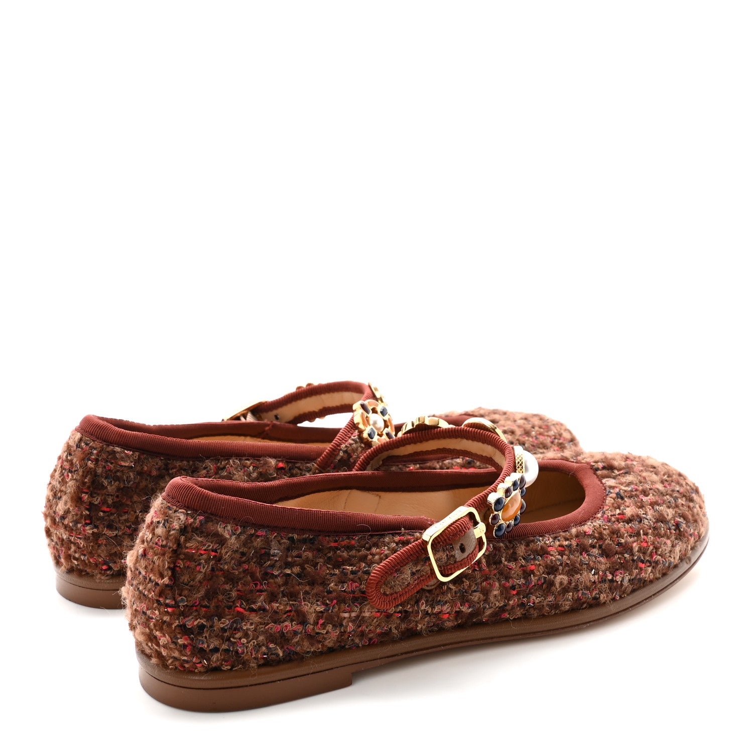 Chanel Wool Tweed Mary Jane Flats 37 Brown Red Dark Blue 5 of 10