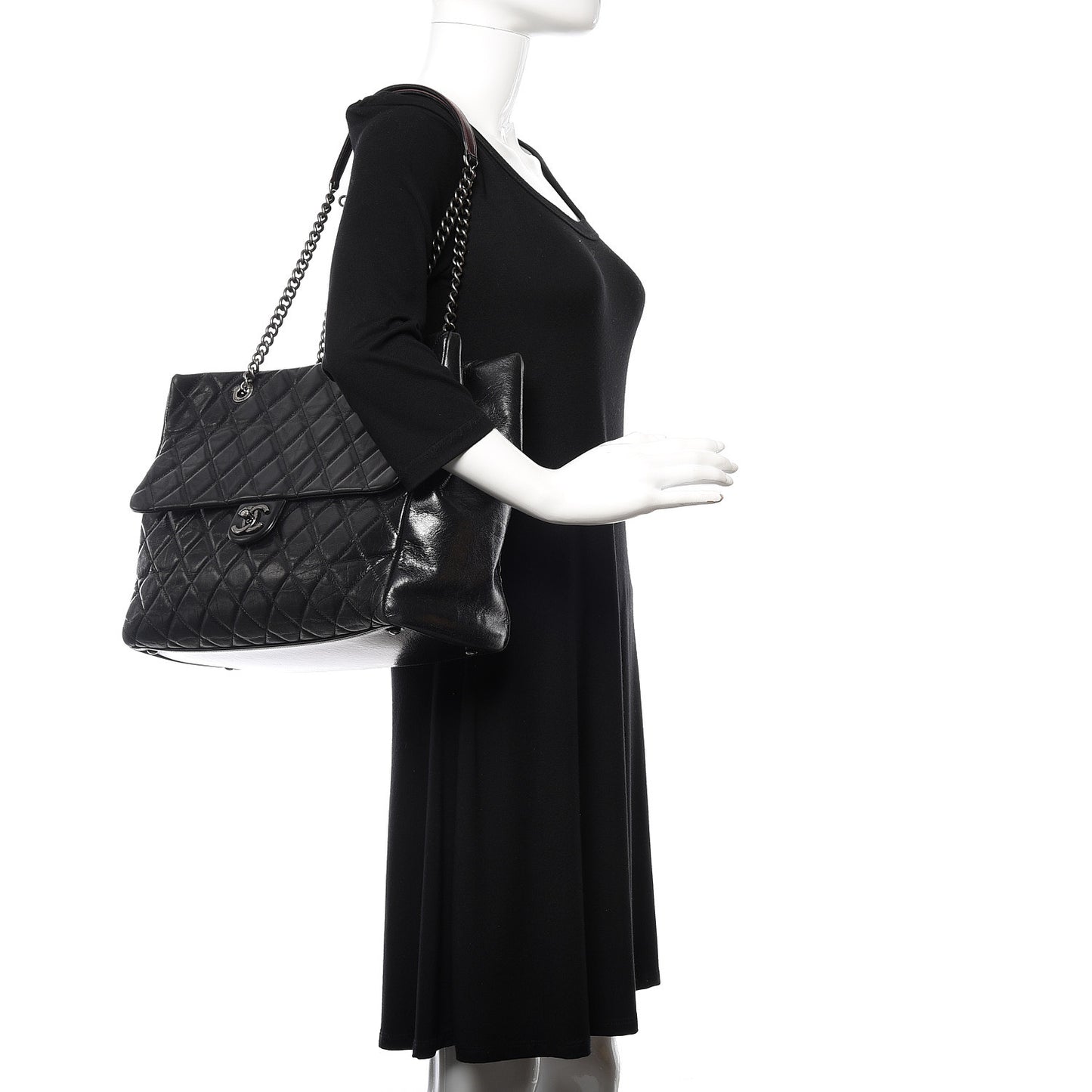 Glazed Calfskin Quilted Large Duo Color Tote Black