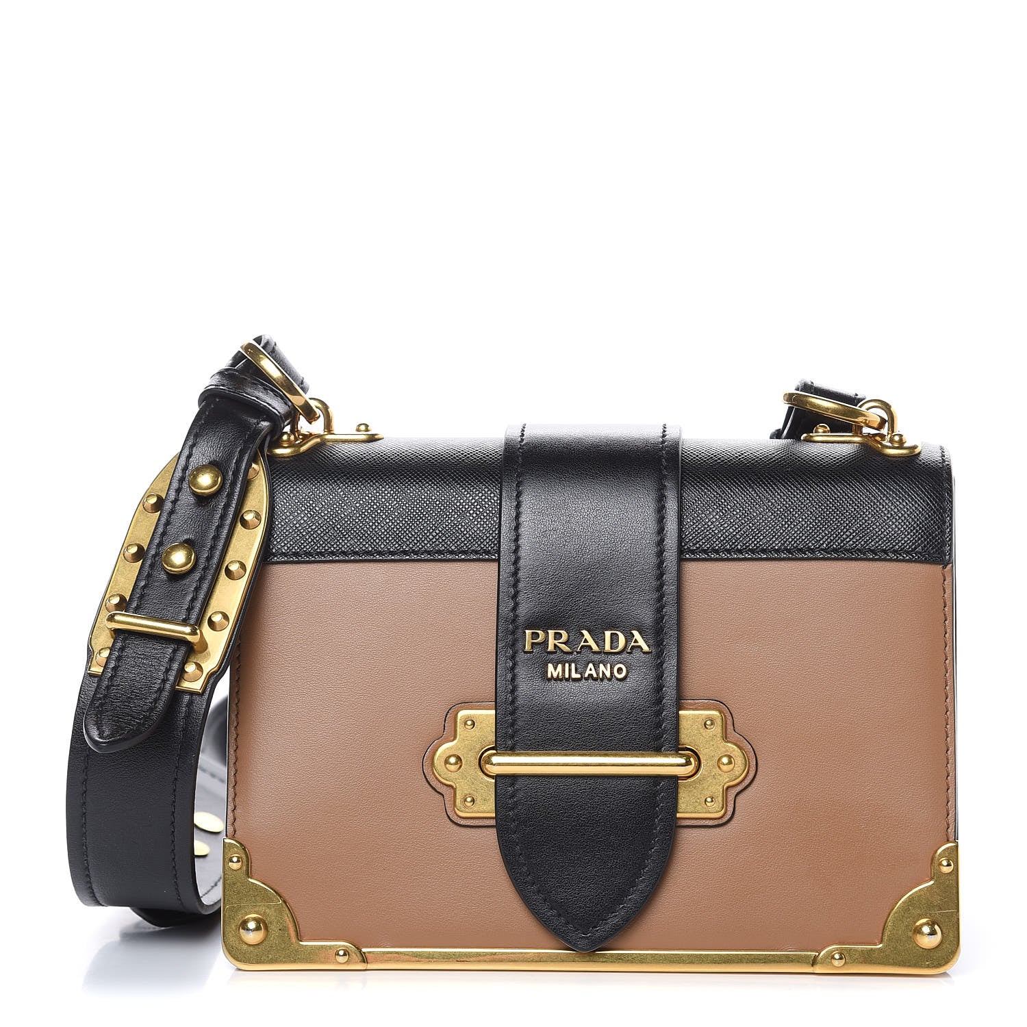 Prada City Calfskin Saffiano Cahier Bag Caramel Black 1 of 12