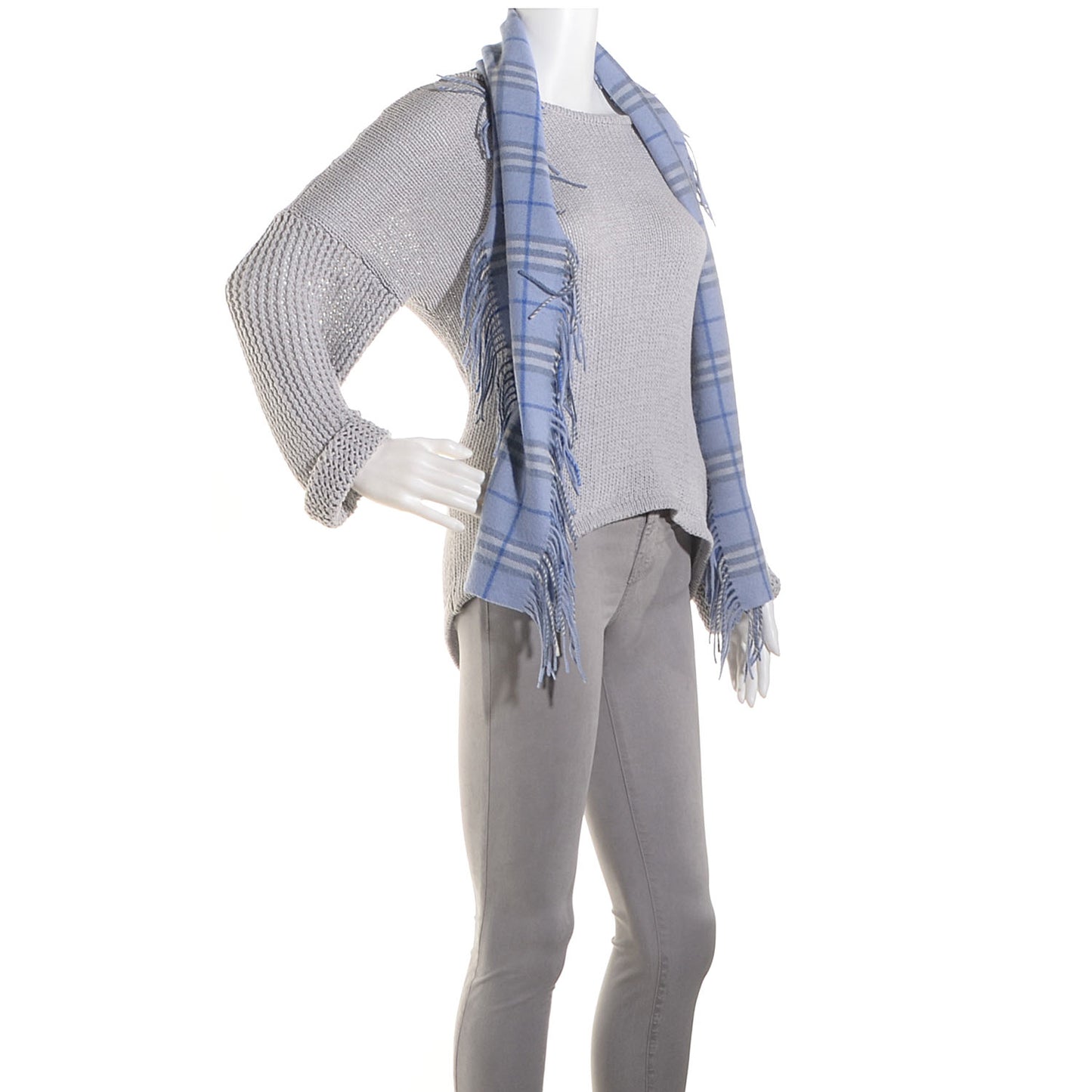 Wool Check Happy Fringe Scarf Blue