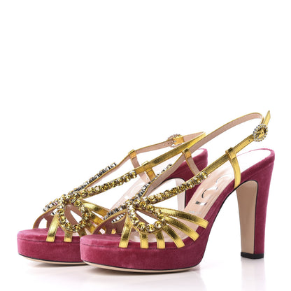 Gucci Velvet Nappa Crystal Zephyra Slingback Platform High Heel Sandals 39 Pink Gold 2 of 9