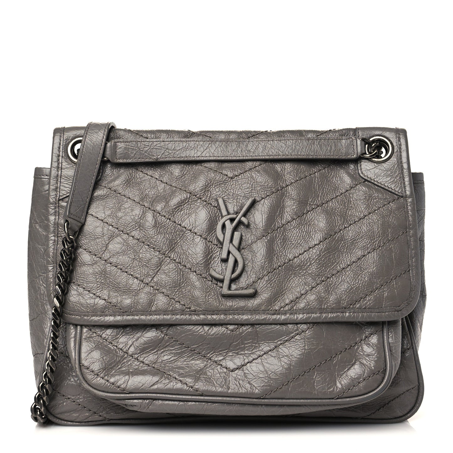 Crinkled Calfskin Matelasse Monogram Medium Niki Chain Satchel Fog