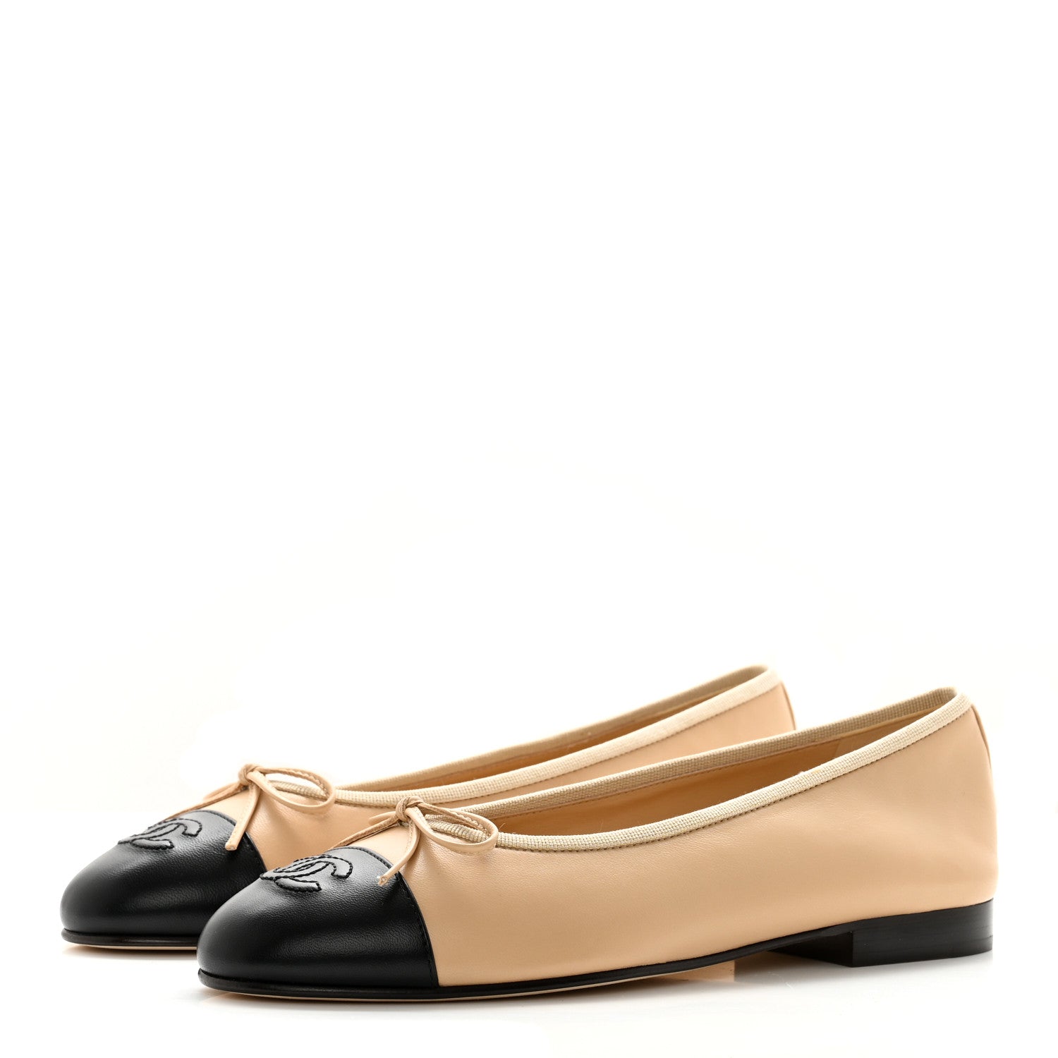 Chanel Lambskin Cap Toe CC Ballerina Flats 37.5 Beige Black 3 of 12