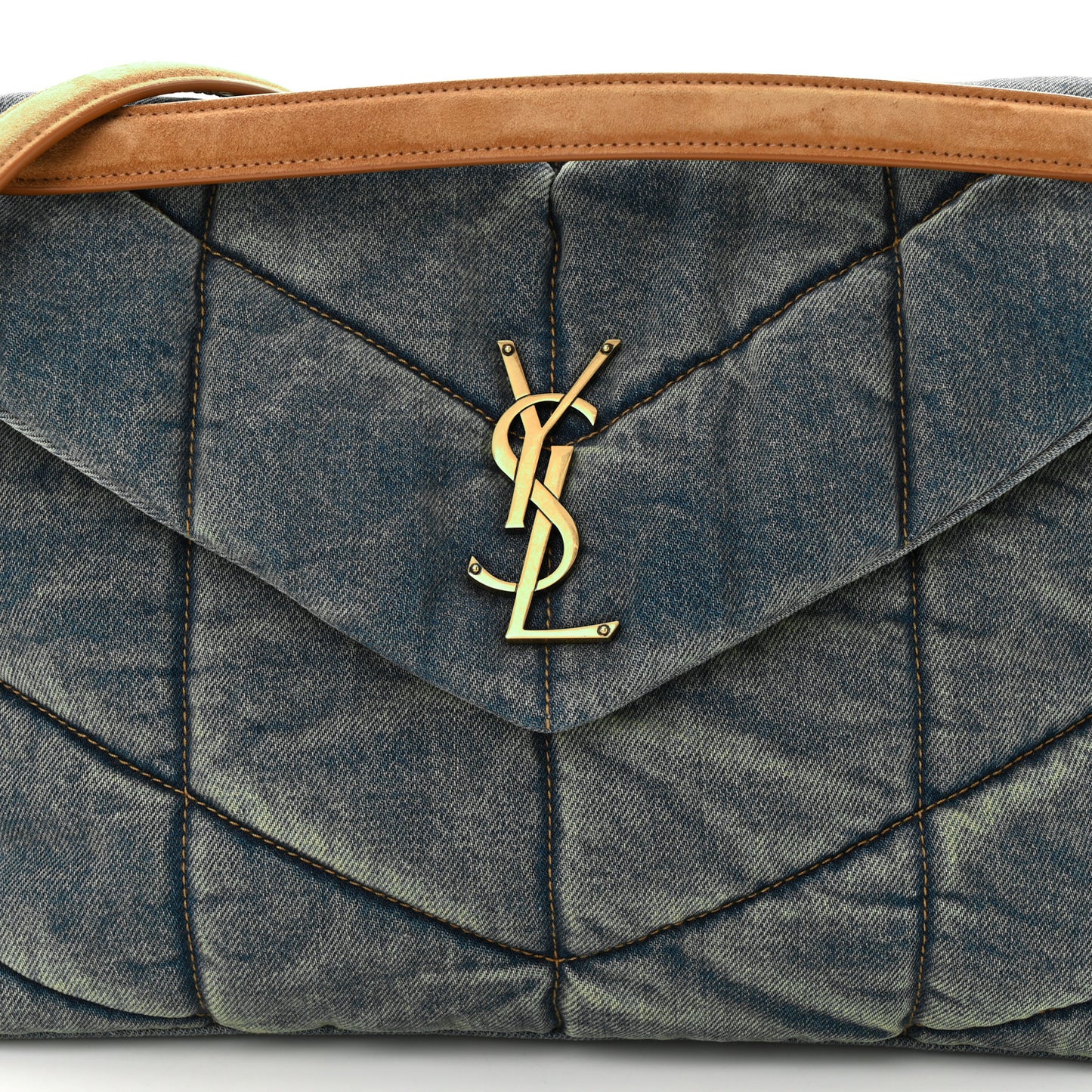 Denim Quilted Medium Loulou Puffer Monogram Chain Satchel Blue Cinnamon
