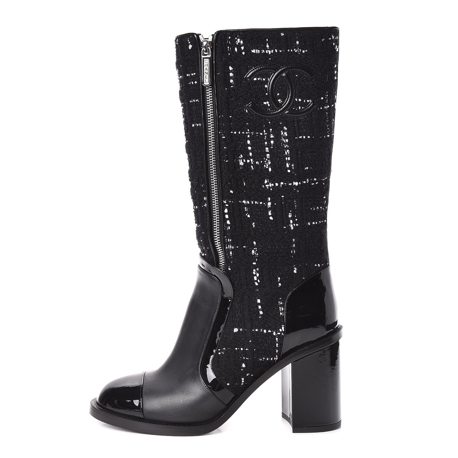 Chanel Tweed Calfskin Patent Cap Toe CC High Boots 39 Black Navy White 1 of 13