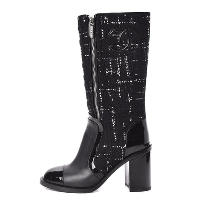 Chanel Tweed Calfskin Patent Cap Toe CC High Boots 39 Black Navy White 1 of 13