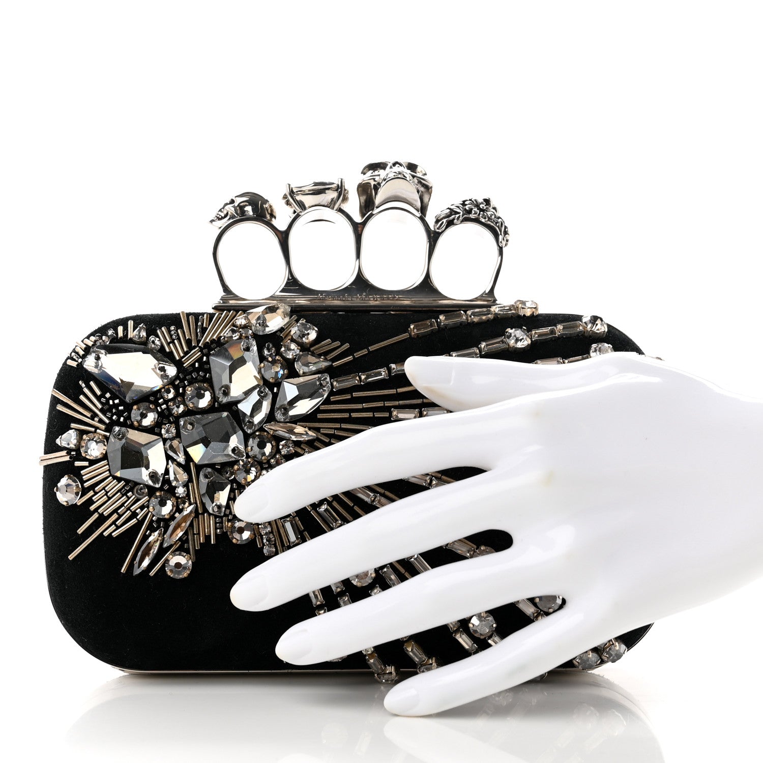 Alexander McQueen Velvet Crystal Skull Knuckle Chain Box Clutch Black 2 of 7